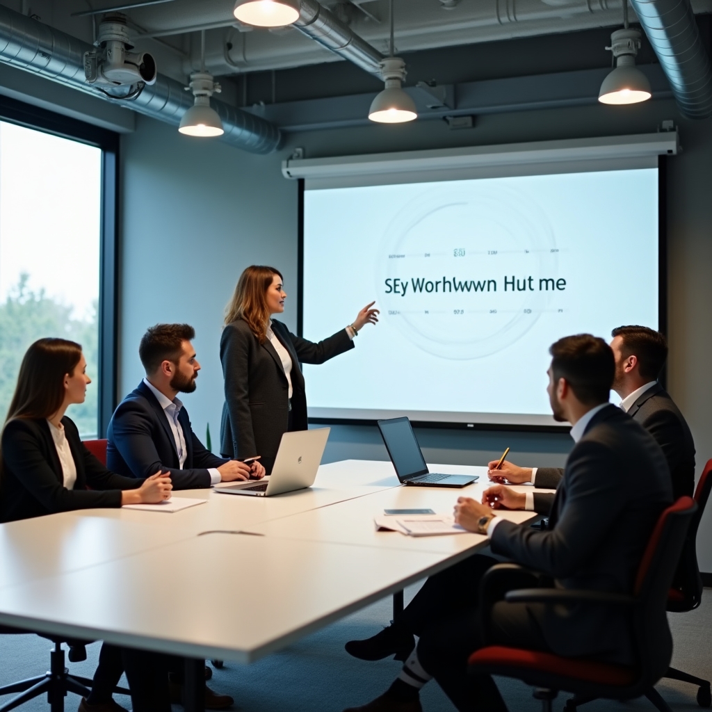 Marketing team working through SEO training materials together at a workshop table